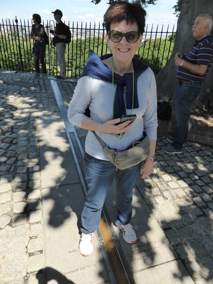 Robyn astride the meridian line at the Royal Observatory
